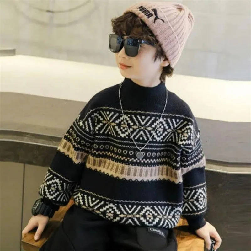 

Черный утепленный осенне-зимний пуловер, верхняя одежда, детская одежда, шерстяной свитер для мальчиков, вязаный крючком, хлопковая ветровка 2025