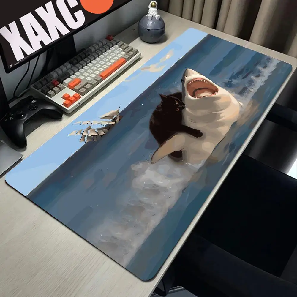 HYBXAXC Large Mouse Pad PC Keyboard Pad Funny Black Cat Riding Shark Ocean Art Painting Print Non Slip Rubber Base Stitched Edge