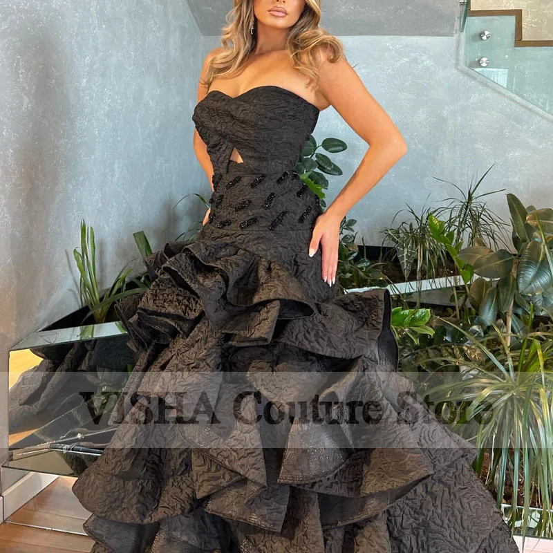 Strapless Tiered Prom Dresses Handmade Beaded African Girls Women Evening Dress Robe De Soirée