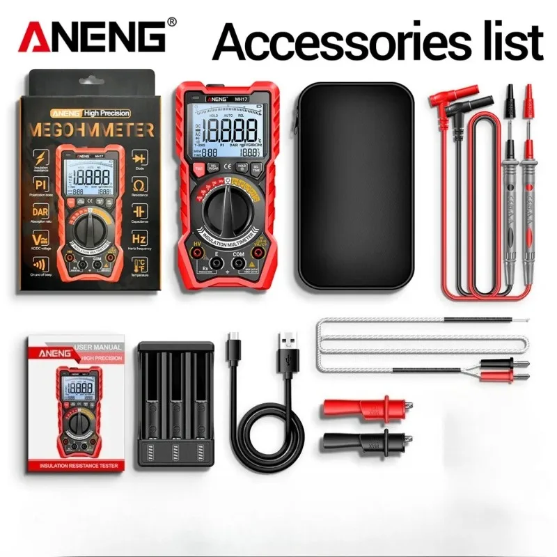 

Мультиметр-измеритель сопротивления изоляции ANENG MH17, тестер напряжения переменного/постоянного тока, определение нулевого и фазового напряжения, тест диодов