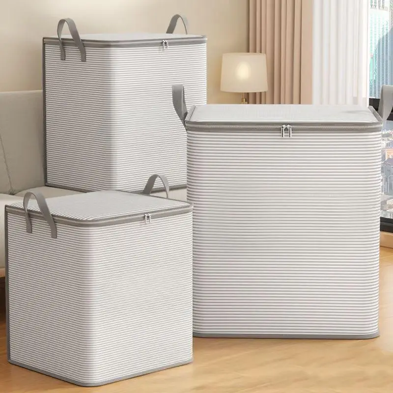 Dustproof Large Capacity Grey Striped Zipper Storage Bag Organizer for Home Laundry Dirty Clothes Sorting Storage