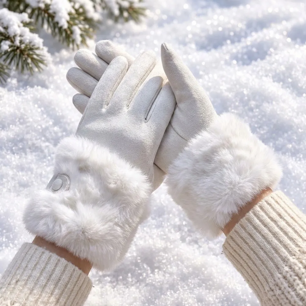 Elegant Plush Thermal Gloves Polyester Touchscreen Winter Warm Gloves Thick Lined Buckle Design Split Finger Gloves Driving