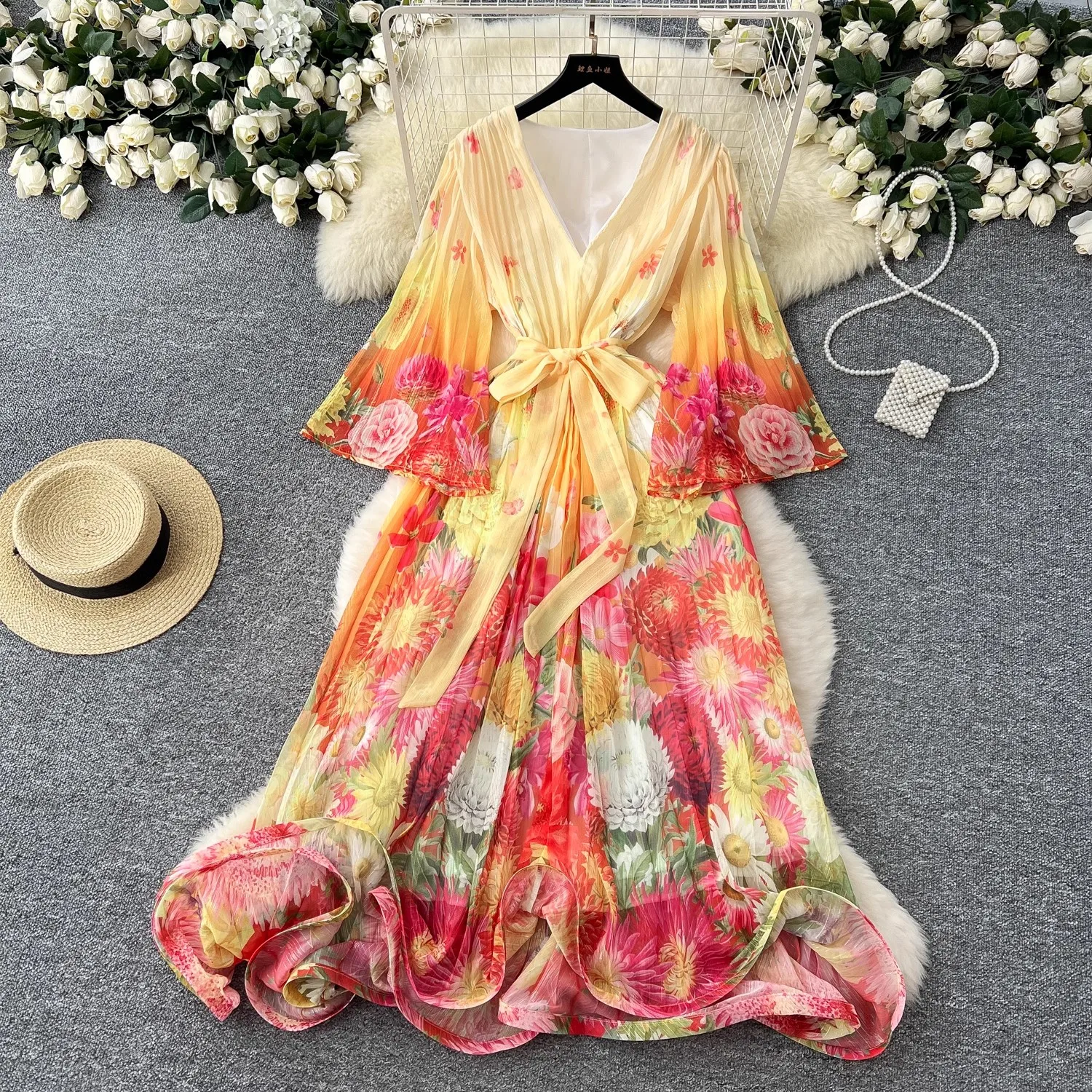 2025 New Spring Summer V Neck Flare Sleeve Print Flower High Quality Shaped Waves Pleated Loose Casual Party Boho Dresses