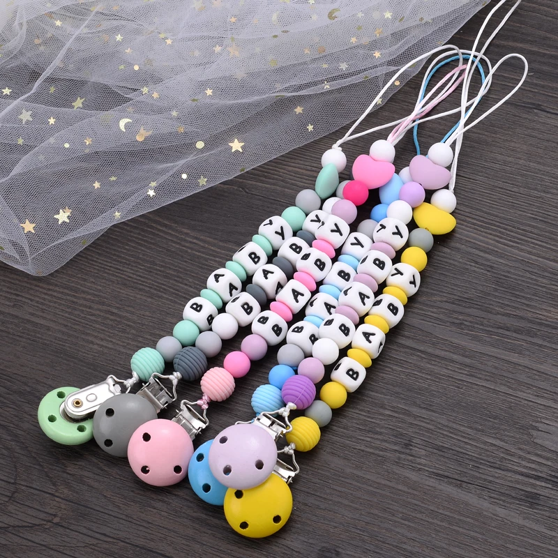 Baby Pacifier Chain Clips Silicone Teether Wood Beads Infant Nipple Appease Clips Dummy Holder Nipple Clip Personalized Name