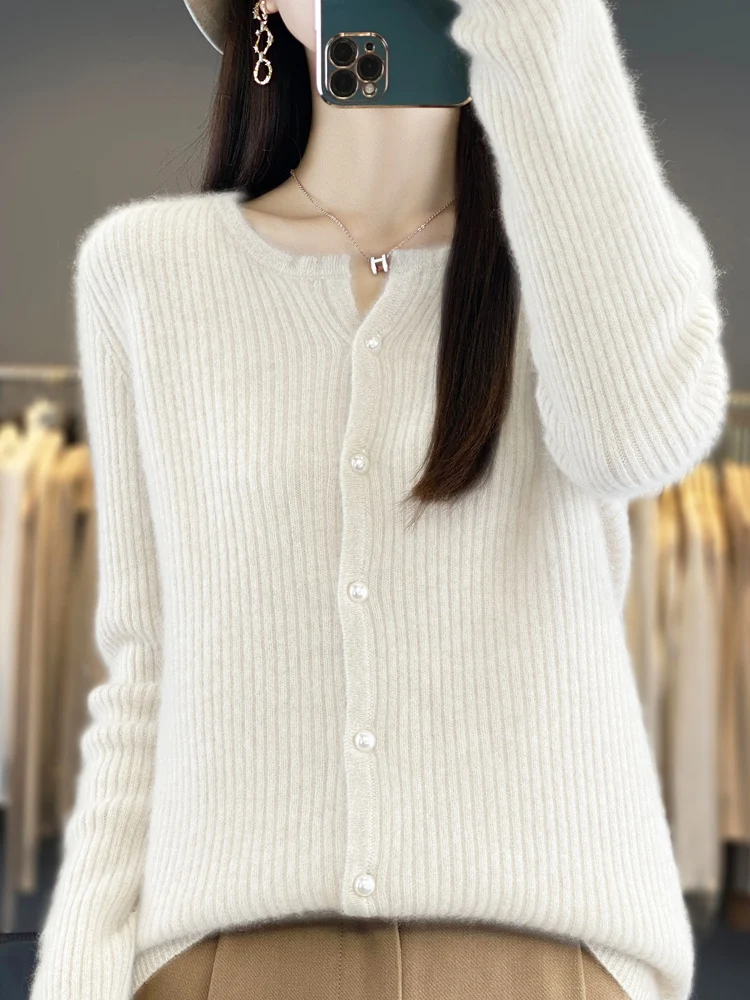 Casual solto 100% lã merino camisola de malha cardigan feminino simples com decote em v outono inverno quente macio sólido graça roupas topos