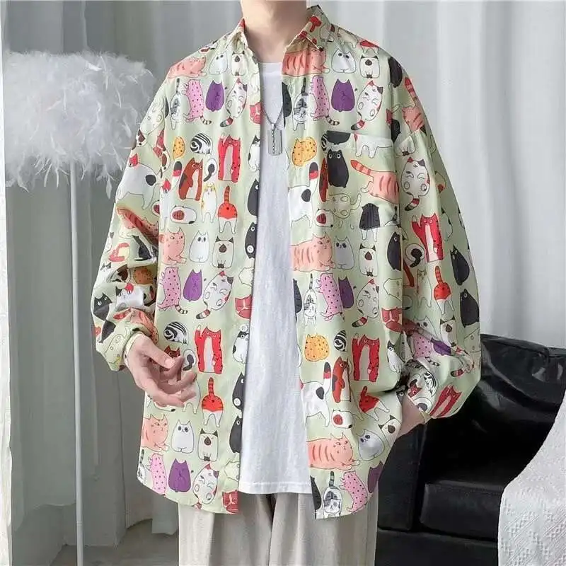 

2025 Spring Men's Shirt Top Casual Cat Print Beach Style Japanese Long Sleeve Button Up Shirts Oversize Hawaiian Shirts For Men