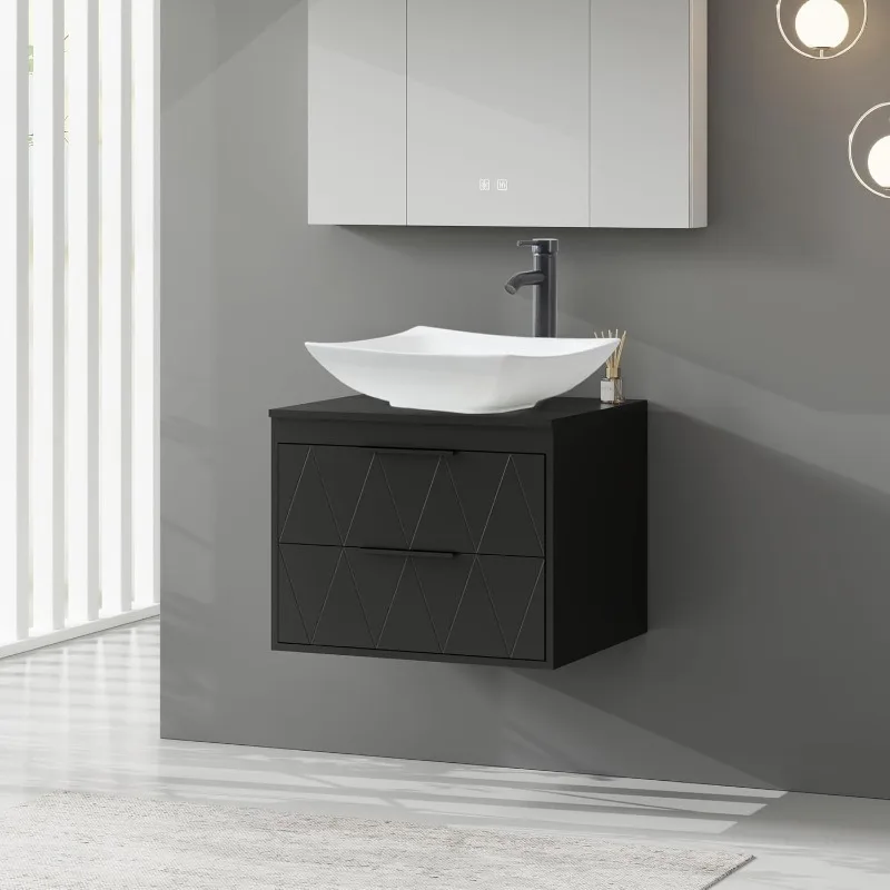 

24-дюймовый шкаф для туалетного столика в ванной комнате с раковиной, настенный плавающий шкаф с декоративными линиями, белый изогнутый керамический сосуд S