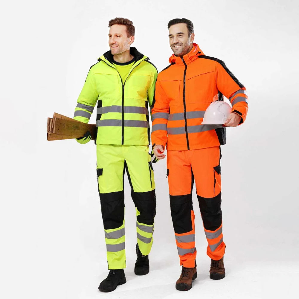 Autumn Men's Workwear Suit Fluorescent Yellow Work Jacket and Pants Set Multi Pockets Construction Work Uniforms Hi Vis Workwear