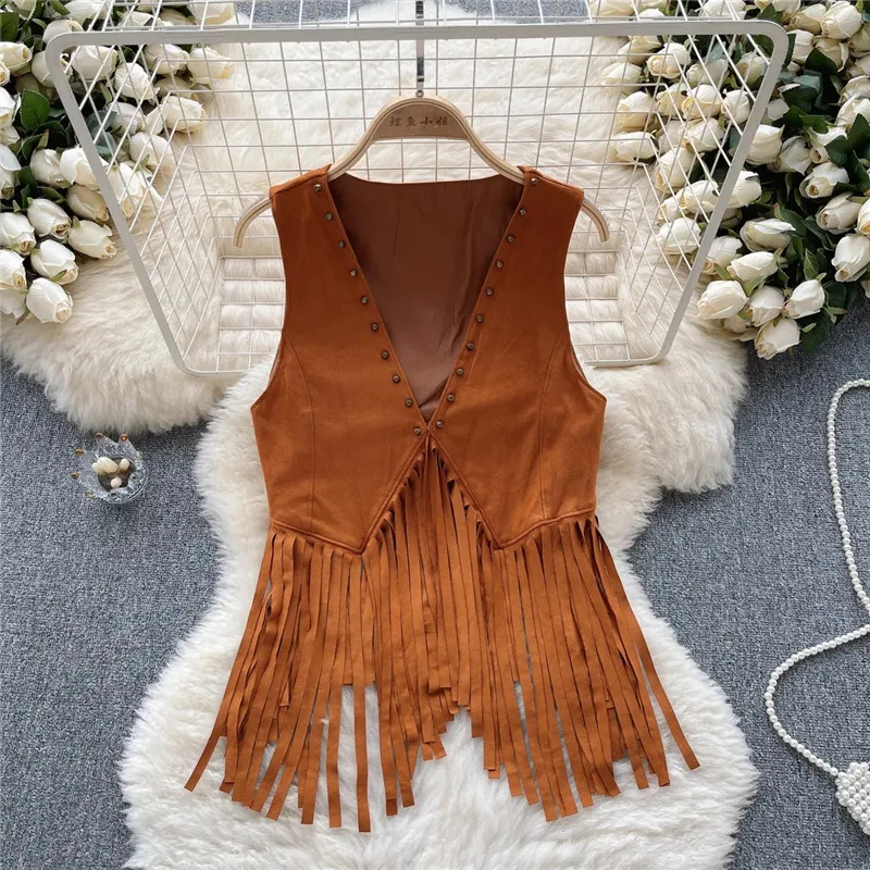 

Tassel Bohemian Style V-Neck Design Vest Female 2024 New Summer Autumn High-End Suede Short Fashion Women's Waistcoat Tops