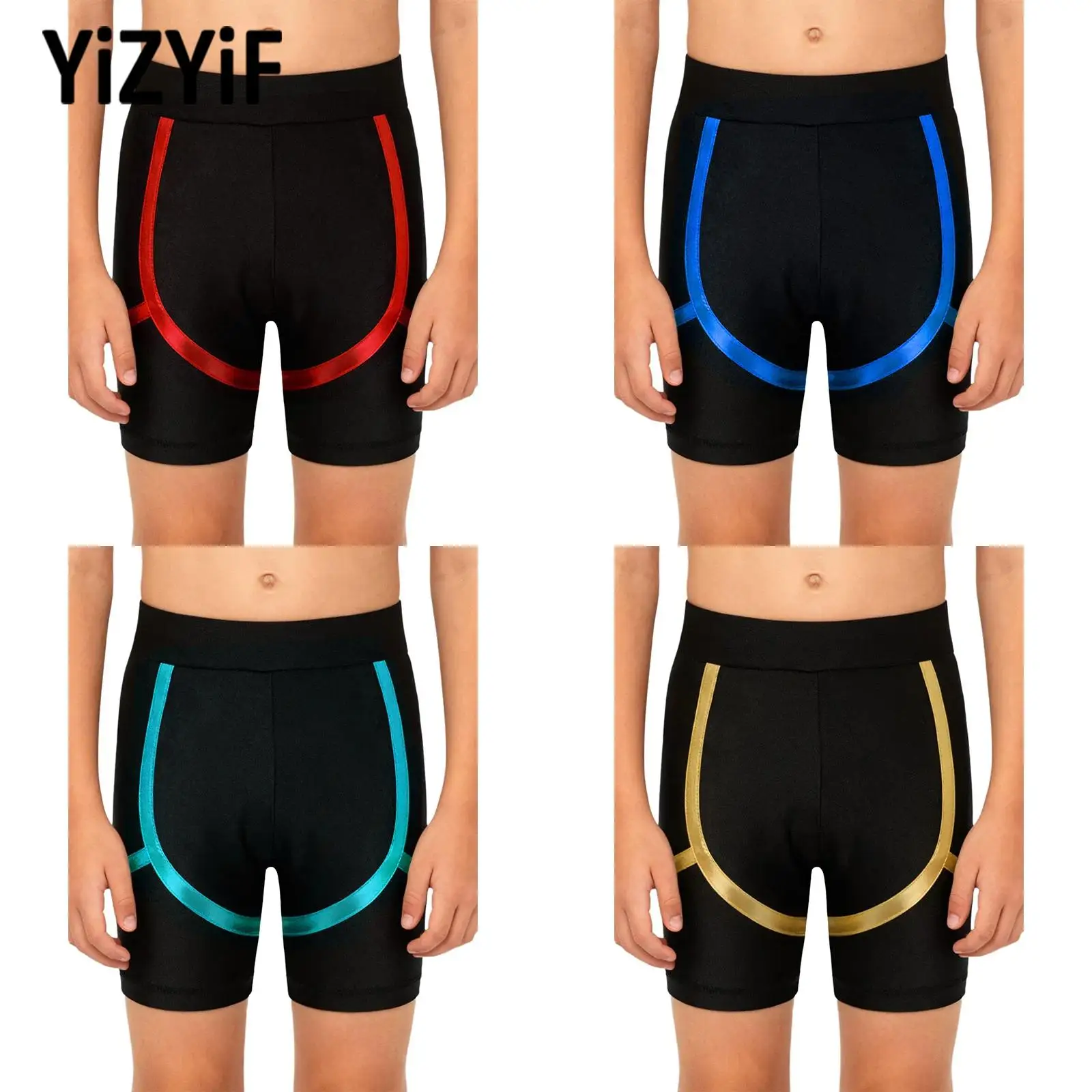 Pantaloncini da palestra Ragazzi Elastico Ginnastica Allenamento Performance Costume Pantaloncini di colore a contrasto metallico Pattinaggio su ghiaccio di figura Dancewear