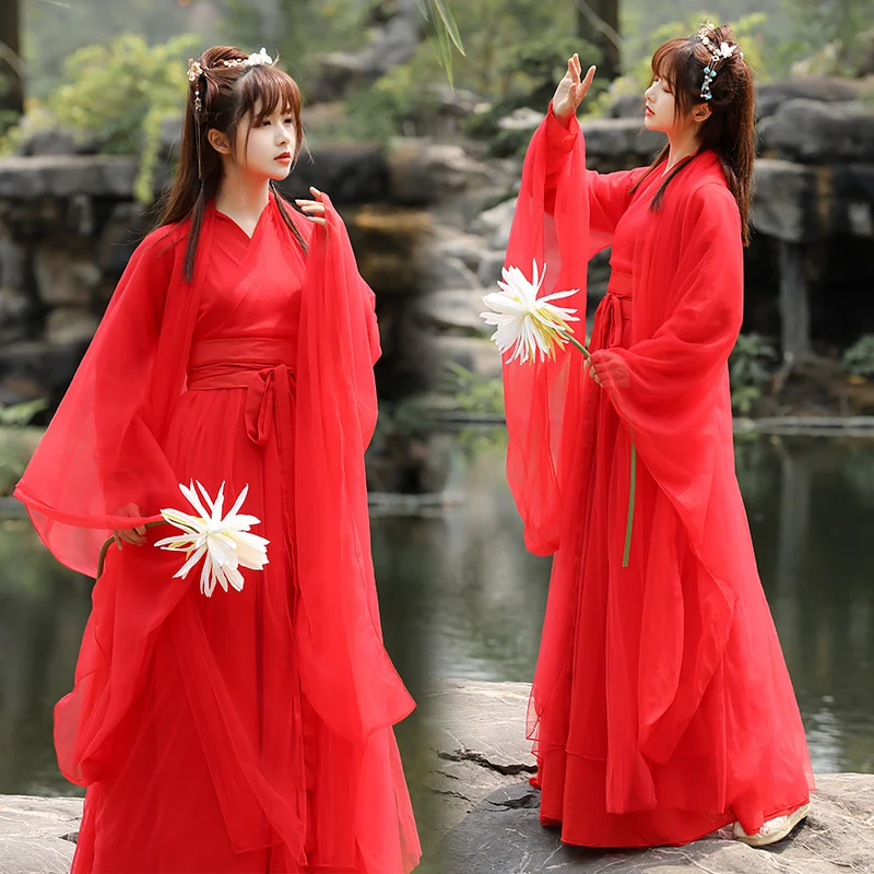 Big Sleeve Dress Classical Ancient Traditional Hanfu Fairy Beautiful Princess Wuxia Costume Red Chinese Style Cosplay Folk Dance