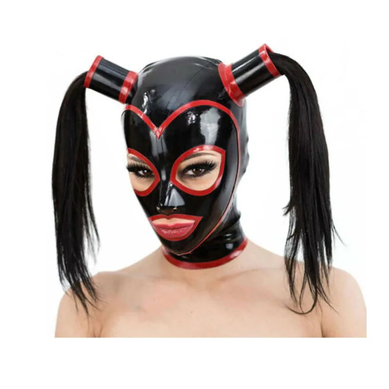 

Latex Hood Sexy Fetish Black Rubber Mask Black with Red 2 Hair Back Zip Cosplay Halloween Costumes Custom Made