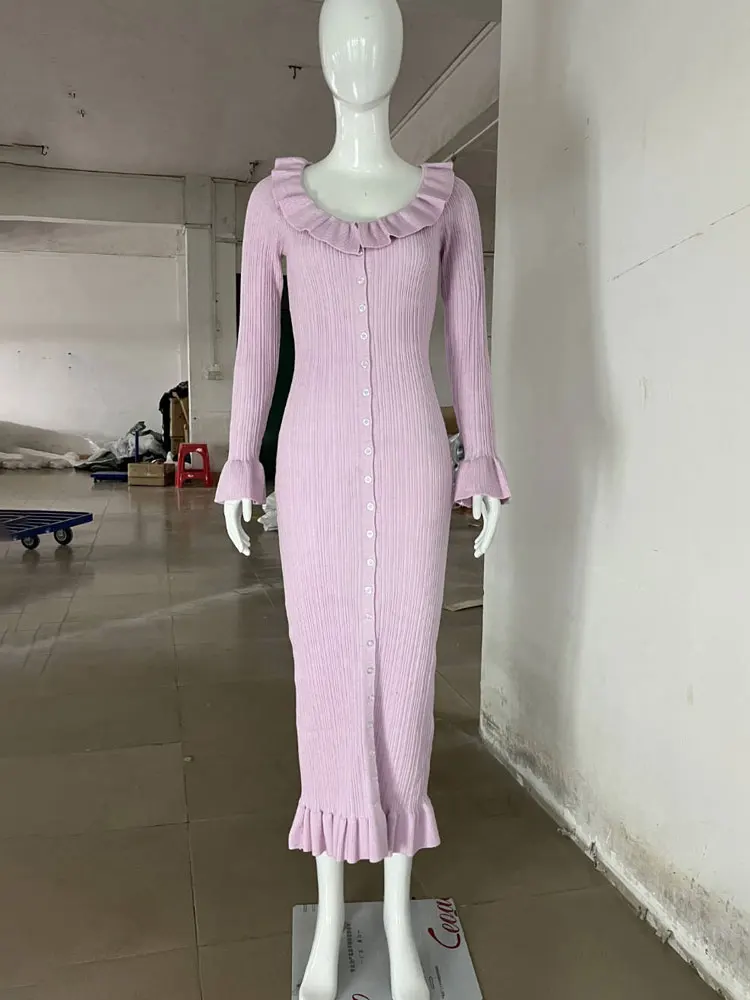 Tossy Ruffled Ribbed Knitwear Long Dress For Women Scoop Neck Slim High Waist Patchwork Elegant Dress Knit Female Maxi Dress New