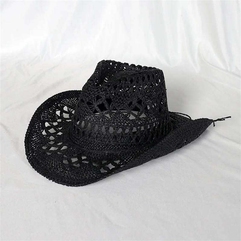 Solid color hand-woven cowboy hat hollow design man and women can wear outdoor beach vacation sun hat INS Hot Style cowboy hat