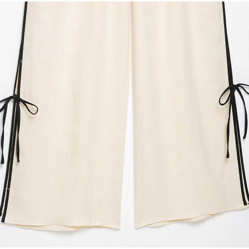 Damen-Hosen-Sets mit Revers, langen Ärmeln, Schnürung, unregelmäßigem Saum, Oversize-Tops, weiten Hosen, schicke Damen-Outfits mit Paneelen, locker geschnitten, neu – Detail 2