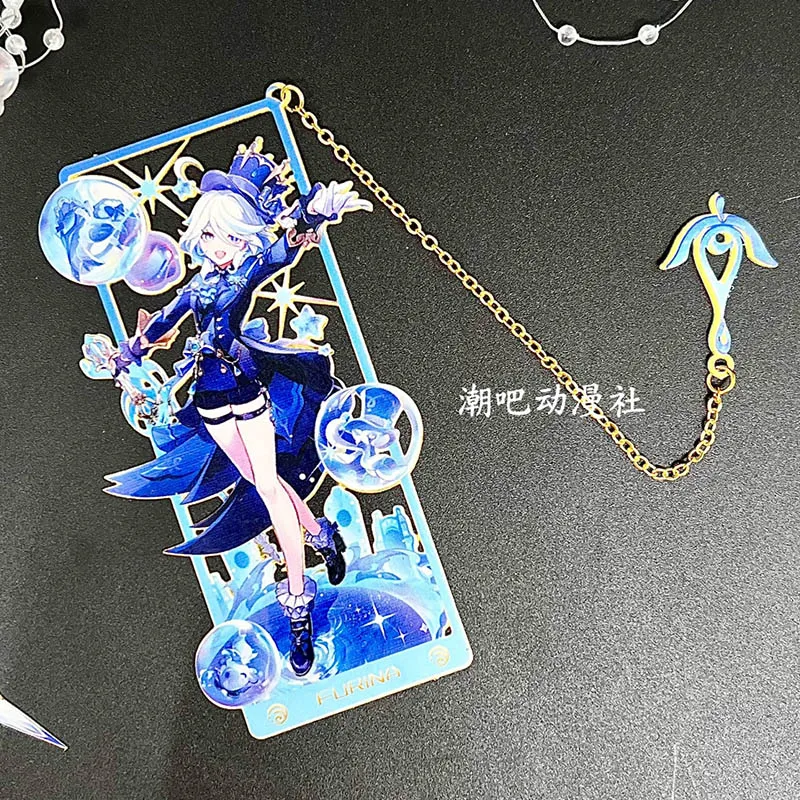 Genshin-Juego de marcapáginas de Metal oficial, Skirk Furina Scaramouche Kinich Valessa, soporte de personaje, decoración de escritorio de Anime, regalo