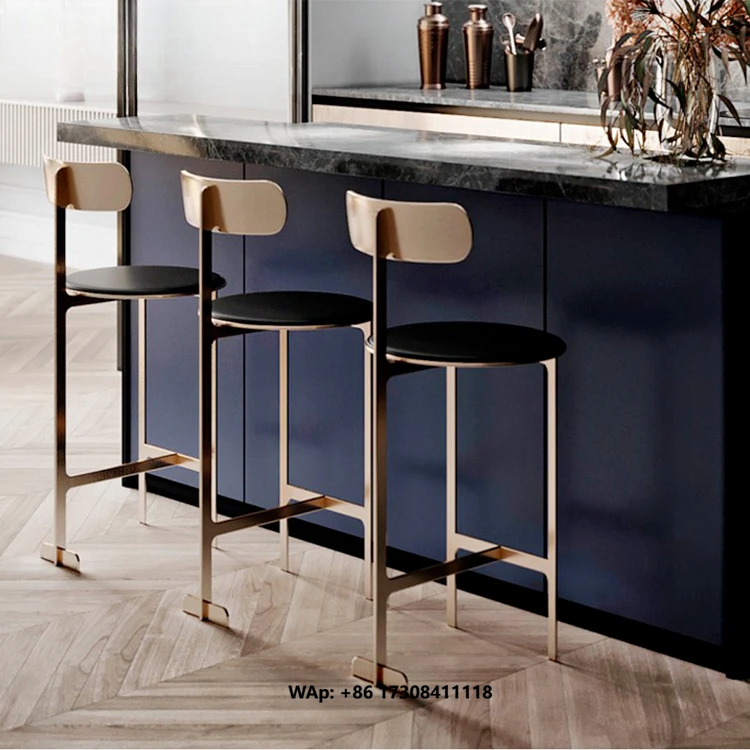 Стул-табурет WISEMAX FURNITURE: Современный, простой дизайн, черная кожа, стальная рама, золотистый, роскошный, для дома и ресторана