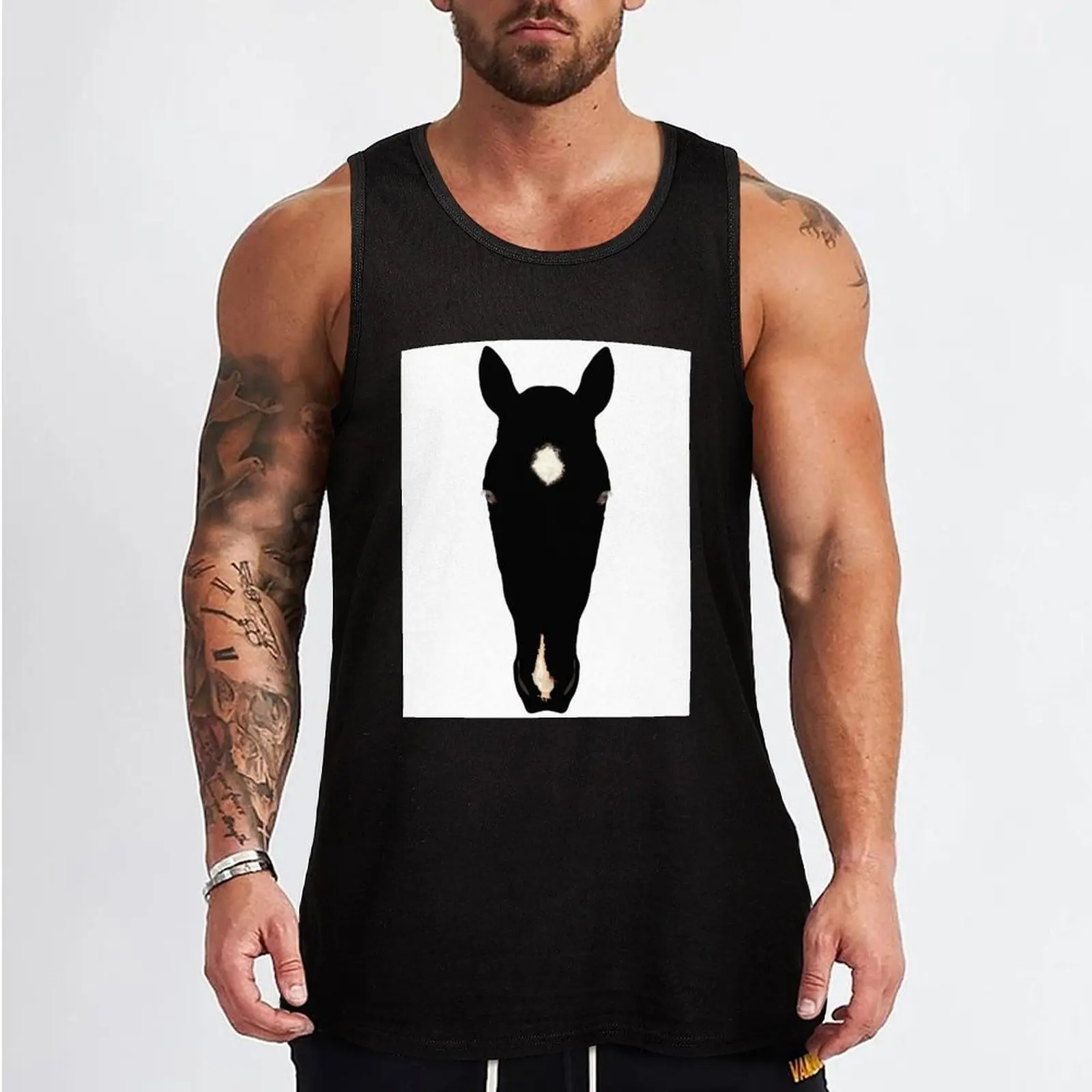 Horse Head Silhouette With Blaze Black on White Tank Top singlet for men t-shirts for men