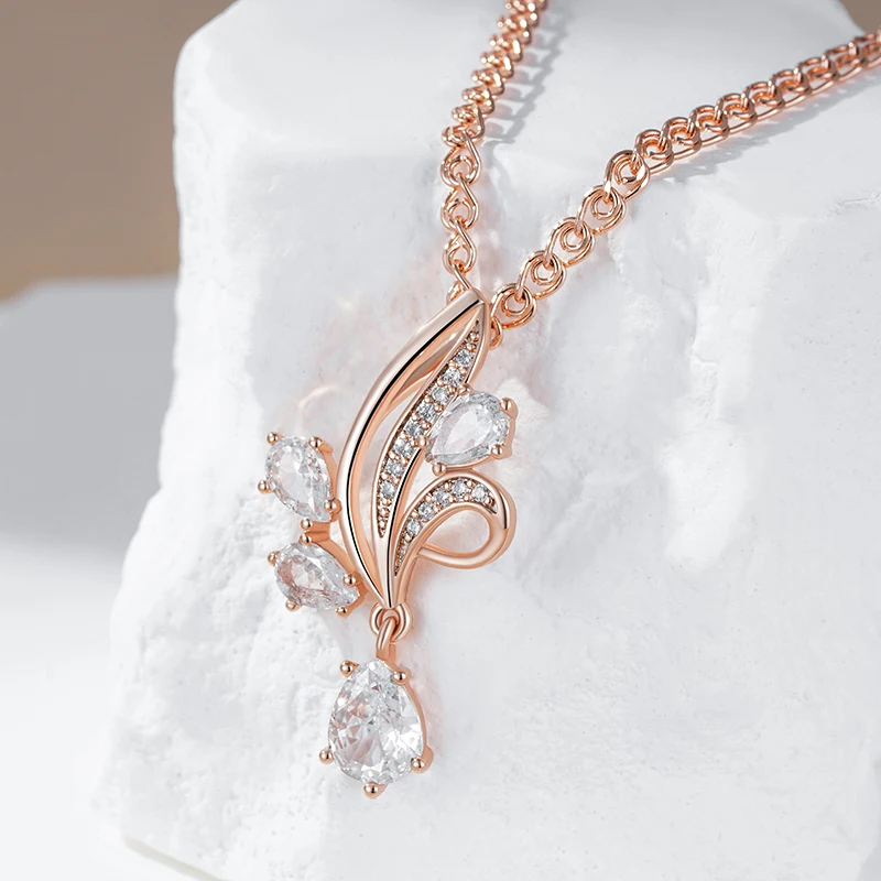 Kinel Hot Shiny Natural Zircon Flower Pendant Necklace For Women Fashion 585 Rose Gold Color Ethnic Bridal Wedding Jewelry