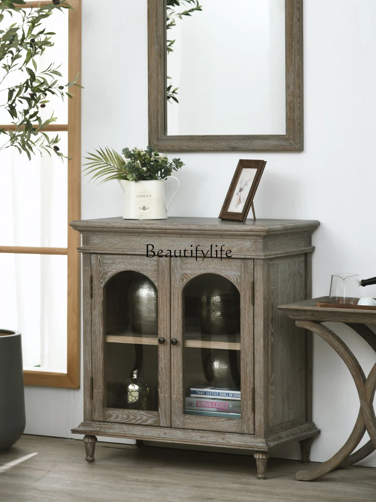 

American-style Retro Distressed Sideboard Cabinet, All Solid Wood, White Oak, Small Apartment