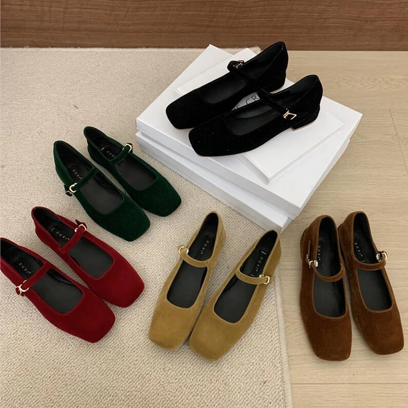 French Style Women Vintage Flats Velvet Square Toe Mary Janes Casual Shoes Comfort Loafers Shoes 2024 Ballerina Flats