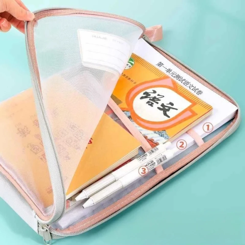 A4 حقيبة تخزين الأدوات المكتبية طبقة مزدوجة شبكة سستة حقيبة سعة كبيرة المنظم المجلدات اللوازم المكتبية المدرسية حقيبة ثابتة #3