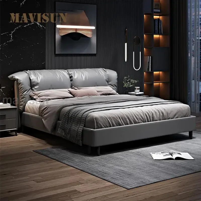 Leather Double Wedding Bed Simple Modern Master Bedroom 1.8m Soft Package Solid Wood Bed Top Crown Apartment Furniture Wood Bed