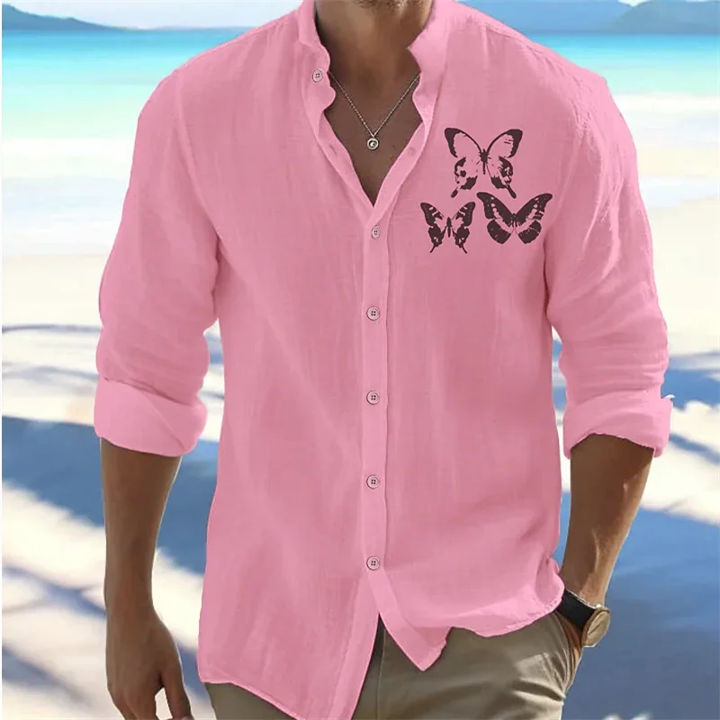 Men's Linen Soft, Comfortable, Simple Shirt Flip-over Beach Shirt Long Sleeves Pure Color Hawaiian Pink Pattern New Collection