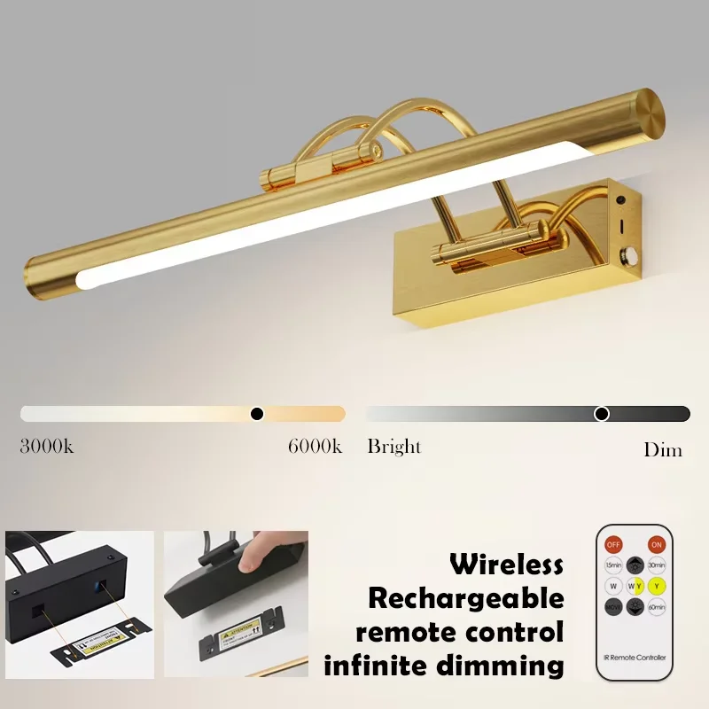 

Rechargeable LED Wall Light Mirror Front Light Remote Control Black Gold Makeup Room Washbench Home Interior Decoration Fixtures