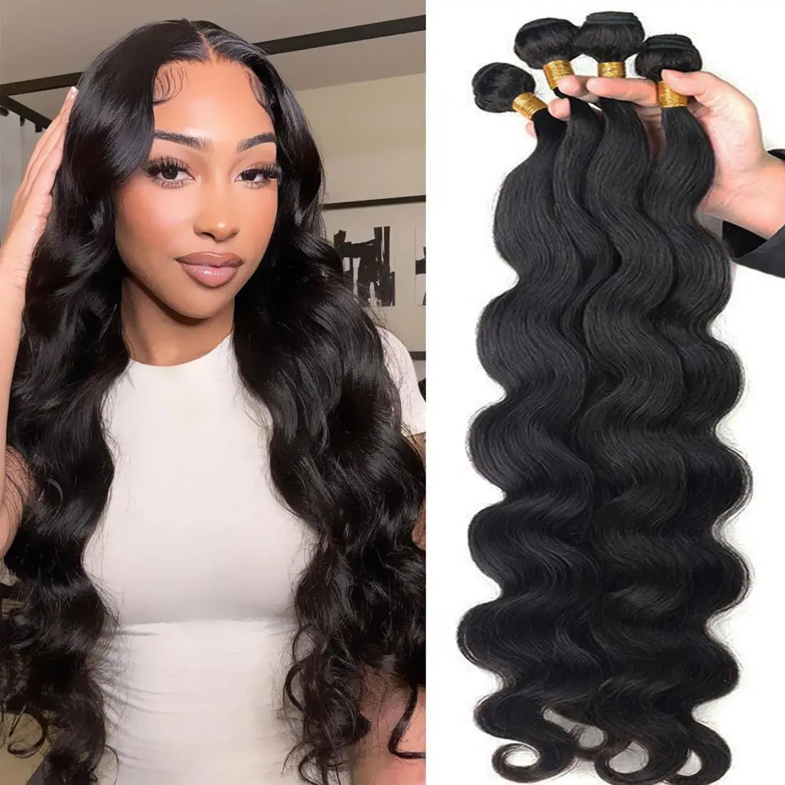 

Body Wave Bundles Human Hair 100% Unprocessed Brazilian Virgin Weave Real Natural Black Wet and Wavy Human Hair Extensions