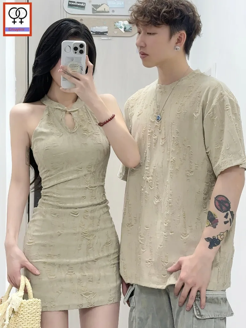 Matching Couple Clothes Outfits Male Female Lovers Holiday Valentine's Date Honeymoon Retro Vintage Cotton T-Shirt Dress