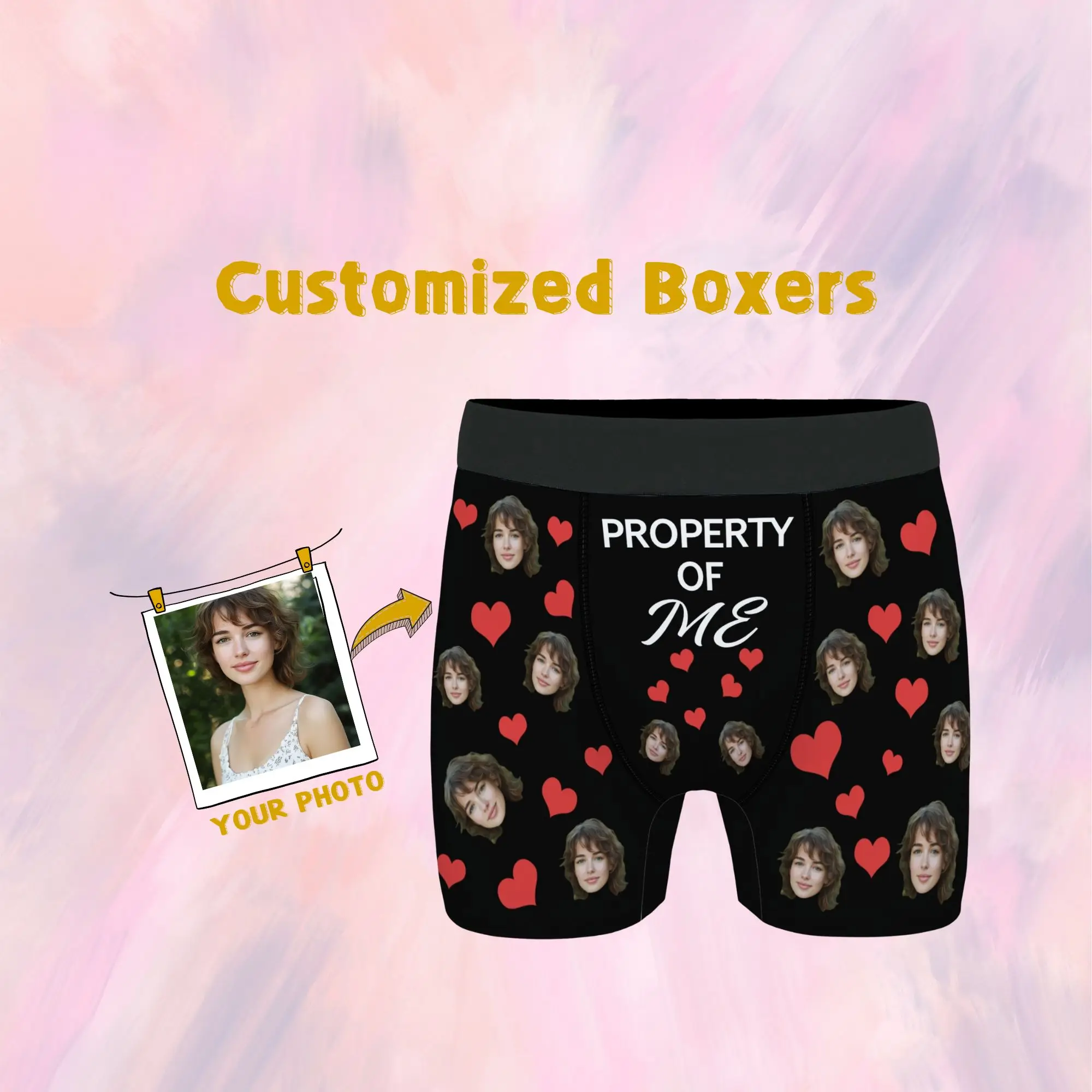 

Romantic Sweet Personalized Valentine's Gift for Husband Custom Face Men's Boxer Briefs Red Heart Print Funny Memory Present