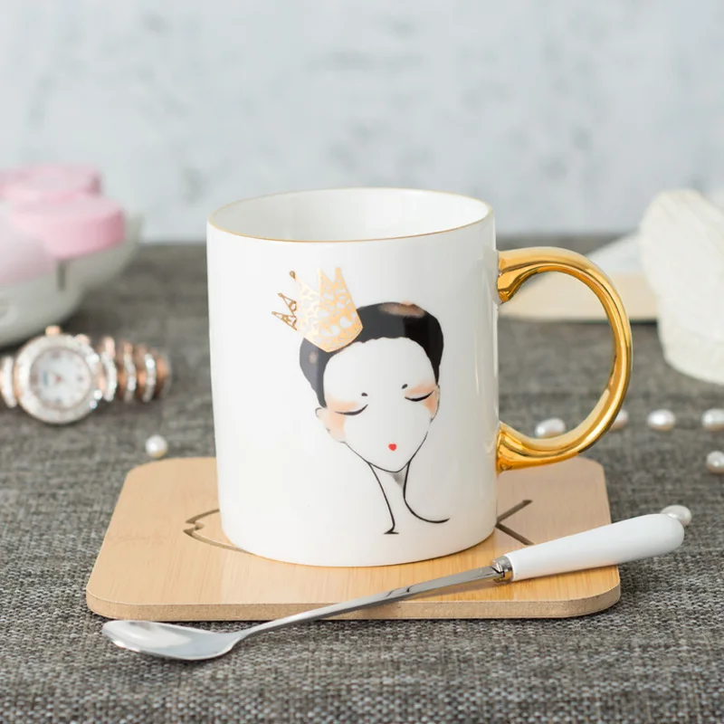 350ml European Style Creative Ceramic Gold Traced Milk Mug Couple Mug with Lid and Spoon Mug