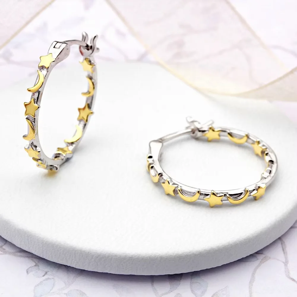 

100% 925 Sterling Silver Stars Moon Hoop Earring Two Tone Fashion Earrings Women Girl High Quality Jewelry Accessories