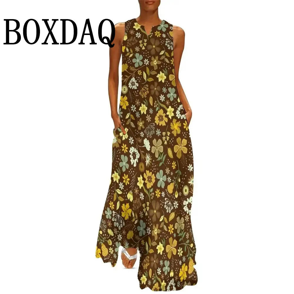 Boho Floral Dress Vintage Flowers Print Maxi Dress allentato donna Casual Bohemia Vest abiti lunghi estate senza maniche Femme abbigliamento