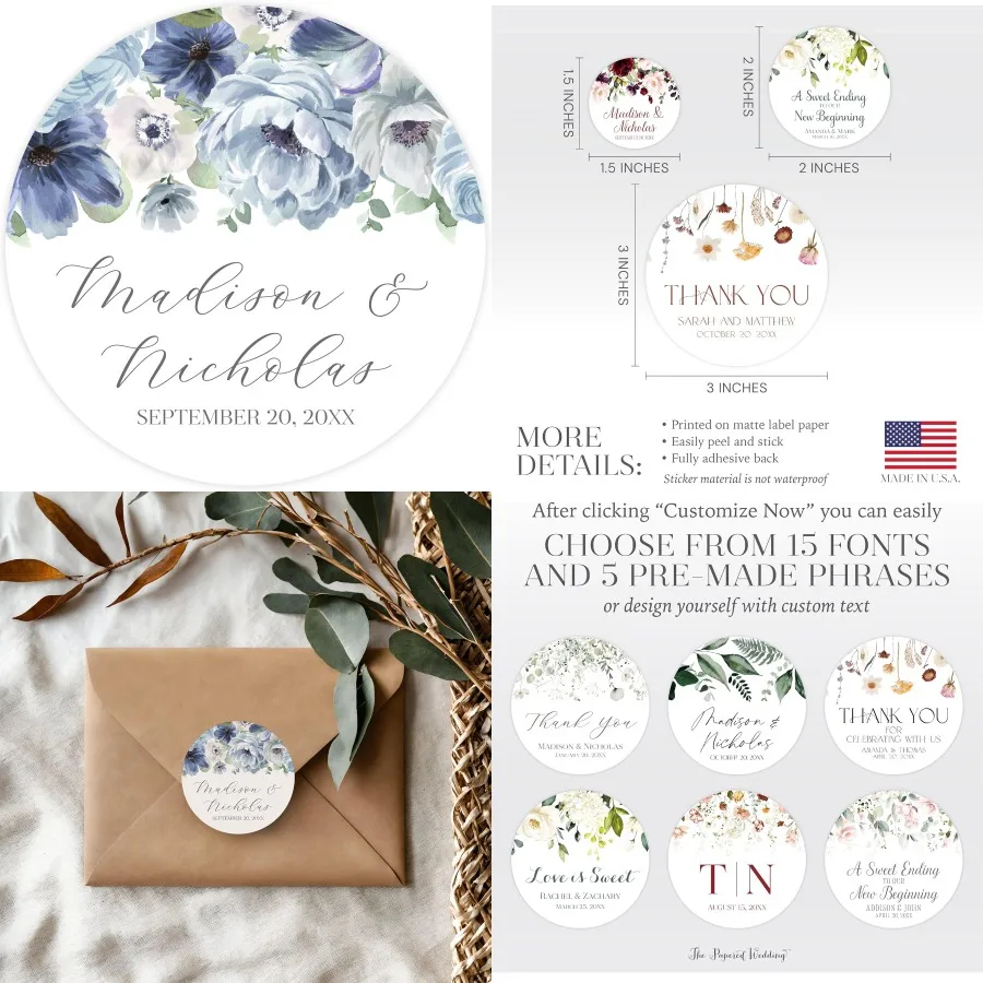 

Personalized Floral Wedding Stickers with Your Choice of 30 Flower Styles - Customize Font and Select One of Five Pre-made Phra