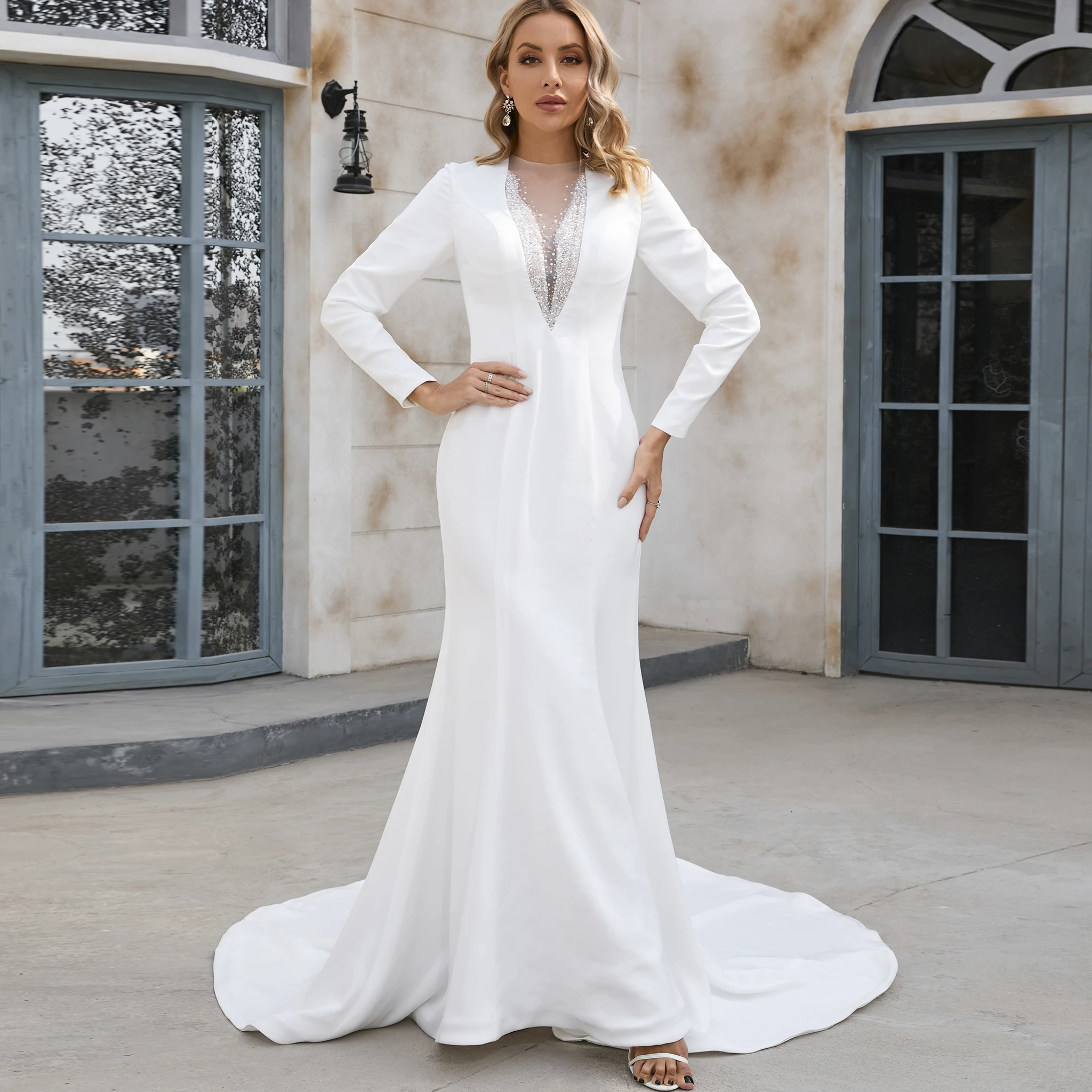 Rosymae zeemeermin satijnen trouwjurk met V-hals en lange mouwen vestido de novias