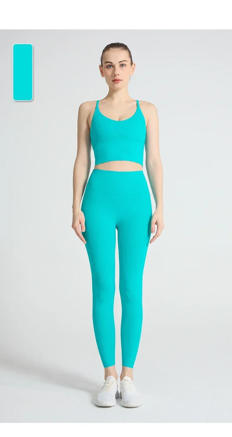 Einfarbige Weiche Damen-Sportanzüge mit Rückenkreuzdesign, Stoßfestes Sport-Top, Hochelastische Fitness-Leggings, Lauf- und Yoga-Sportsets – Detail 14
