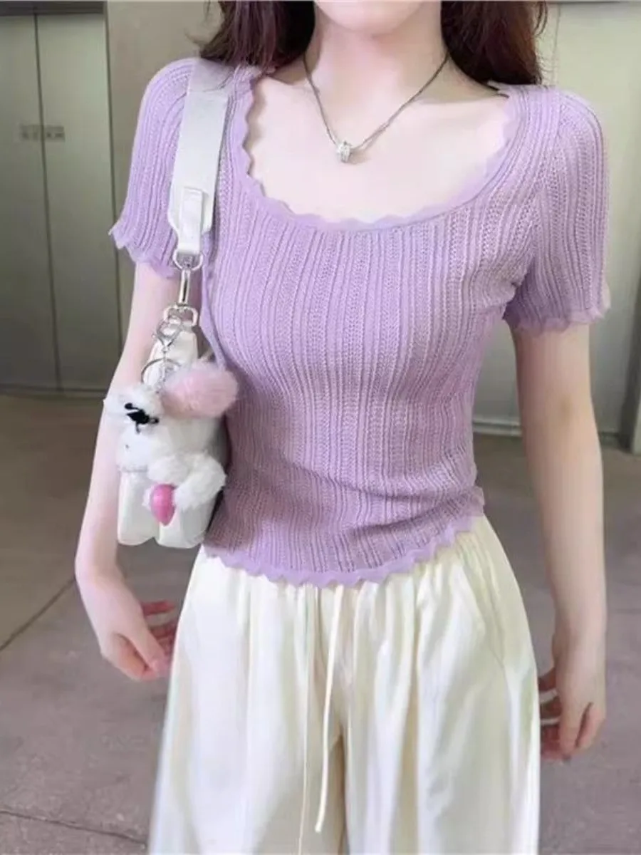 

Slim Fit Short Sleeve Knitted Sweater Square Collar Design Summer New Style Versatile Short Length Korean Style Women's Top