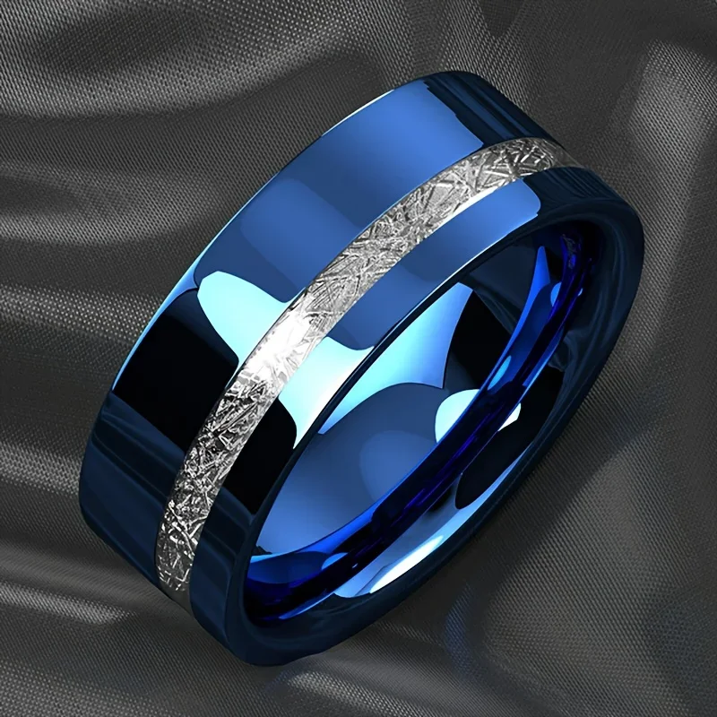 8MM Blue Fashion Gothic Men's Stainless Steel Ring Dropped Oil Silk Pattern Party Wedding Charm Jewelry Gift 2025 New