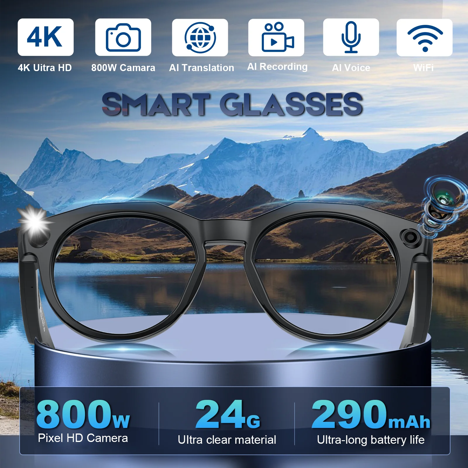 

4K UHD camera glasses record videos take photos identify problems translate microphone reduce noise anti-shake AI smart glasses