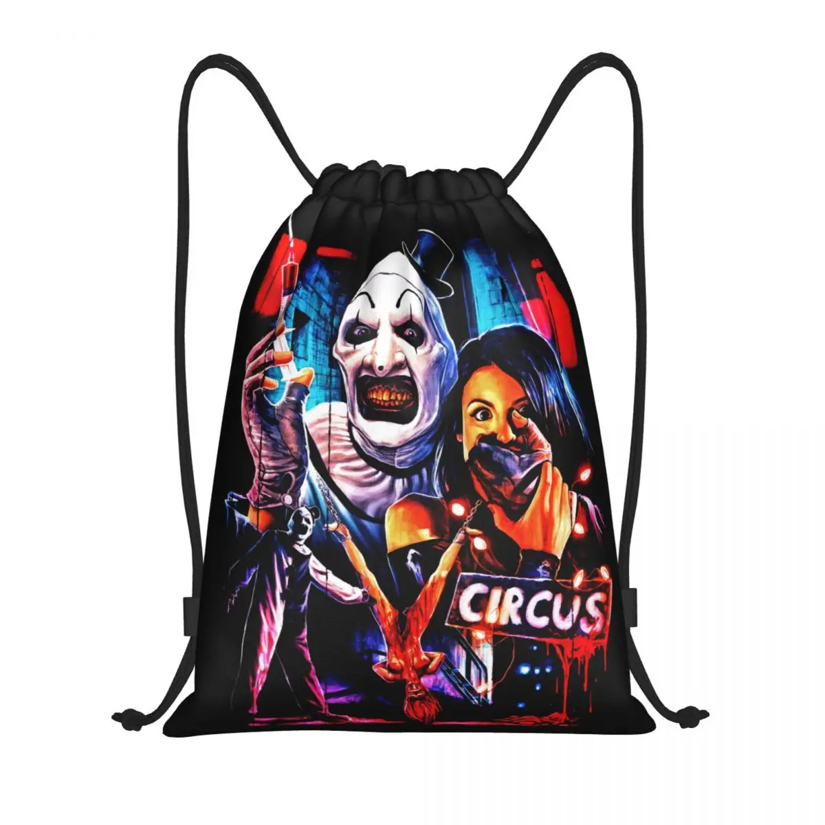 

Custom Halloween Clown Horror Movie Terrifier Drawstring Bags for Shopping Yoga Backpacks Men Women Sports Gym Sackpack