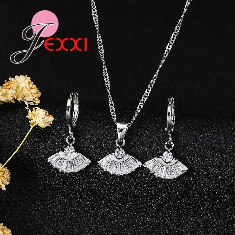 New Stylish Unique Sector Crystal 925 Sterling Silver Jewelry for Women Wedding Bridal Pendant Necklace Earrings Sets