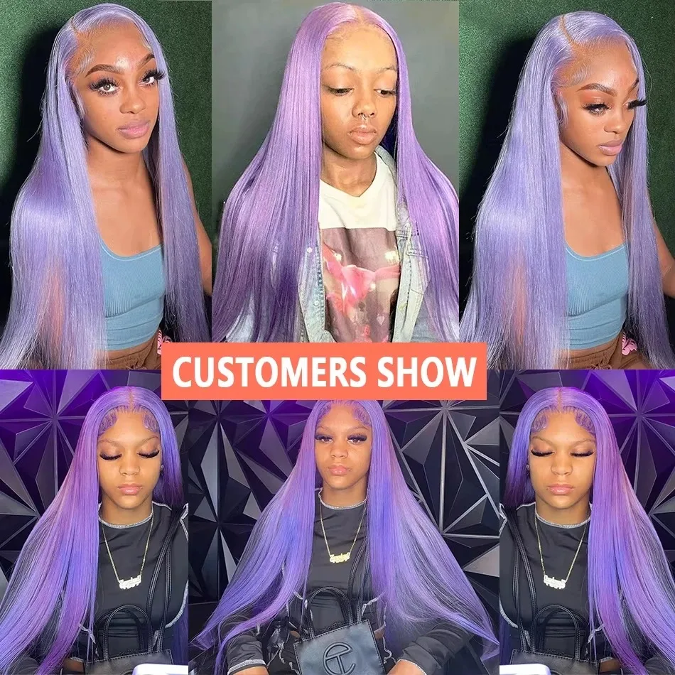 ラベンダーパープル色のストレートレースフロントウィッグ事前摘み取られた 13 × 4 HD 透明紫色のかつらレースフロント合成女性のための