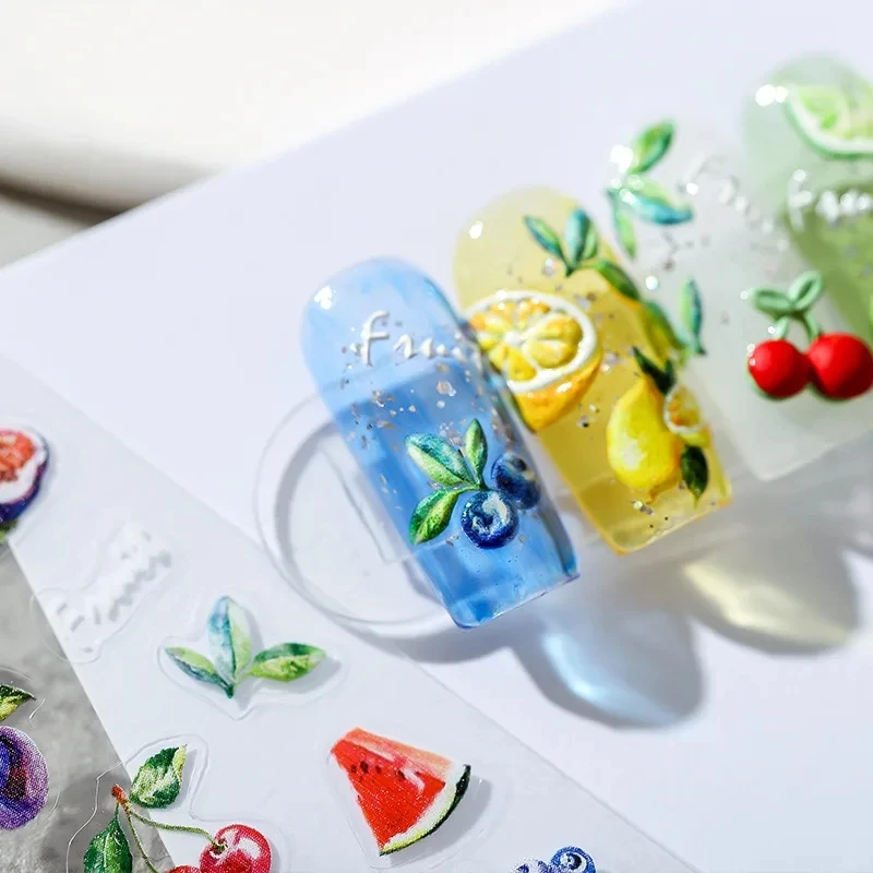 Vers Zoet Fruit Ontwerp 3d Zelfklevende Nail Art Decoraties Stickers Citroen Kersen 5d Zachte Reliëfs Nagel Emblemen Groothandel