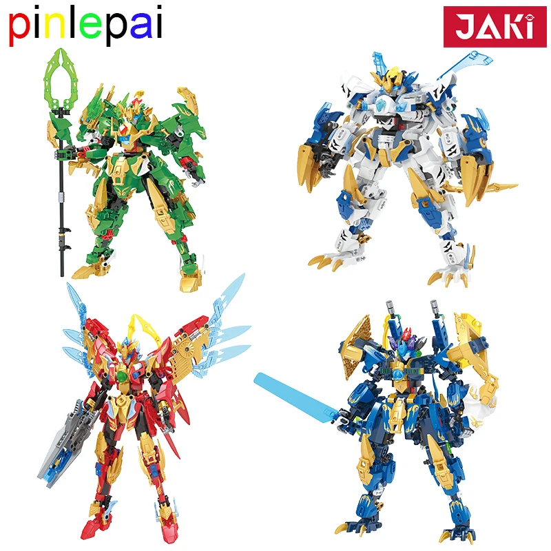 Pinlepai Jaki Bricks Building Block Transforming Mecha Robot Brick Blocks White Tiger Green Dragon Set Model Toys For Children