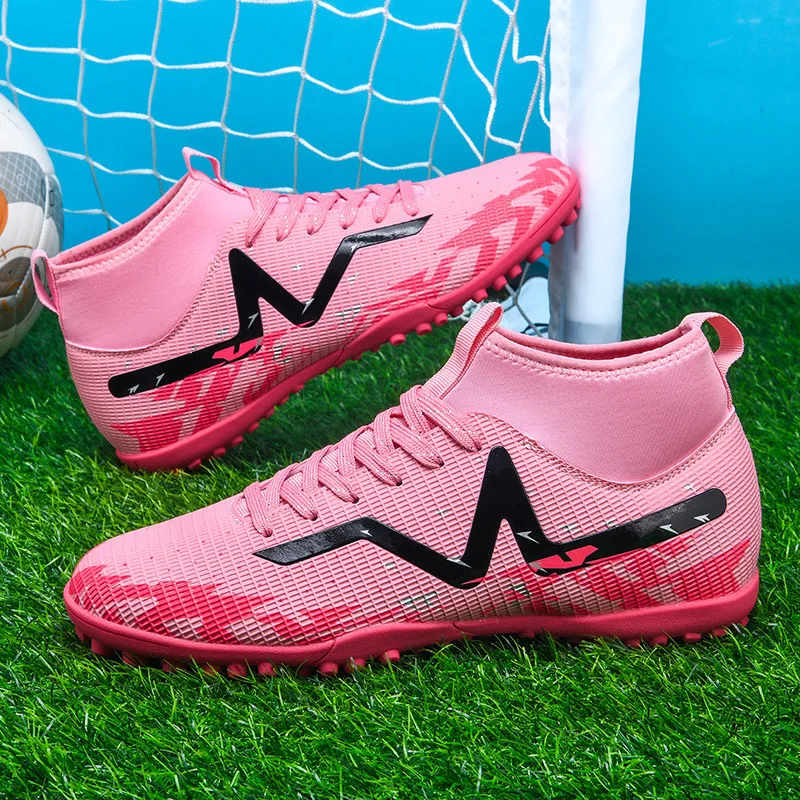 

Original Turf Soccer Shoes Men Fashion Pink Men's Football Boots Outdoor Non-slip High Top Futsal Sneakers Man botas de futbol