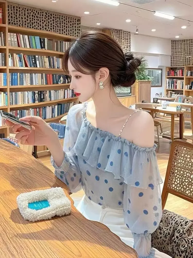 

New blue polka dot peplum blouse for spring and summer lightweight luxury French-style top