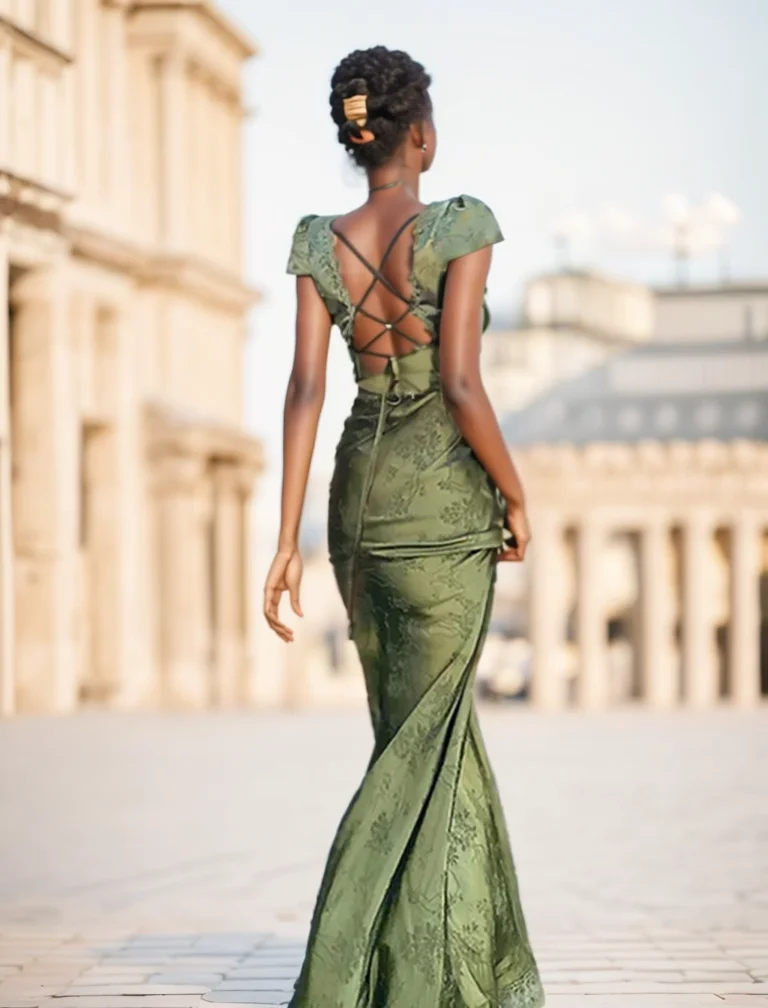 2025 夏の女性のロングドレスターコイズグリーン V ネックバックレスレースサテンジャカードスリムシックエレガントなイブニングパーティーセクシーなドレス