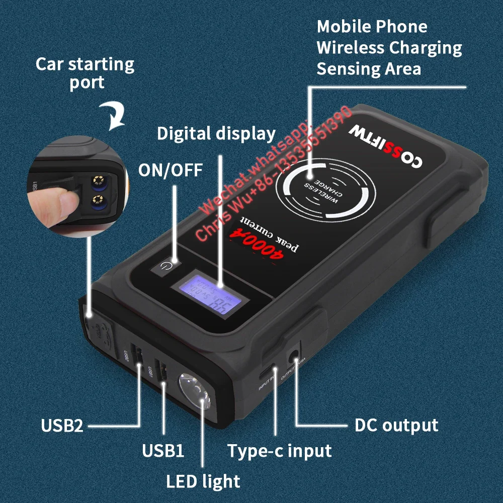 COSSIFTW 4000 Amp 12 Volt Car Jump Starter With 10W Portable Wireless Charger